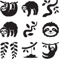 Naklejka premium Cute sloth silhouettes vector design element set black and white