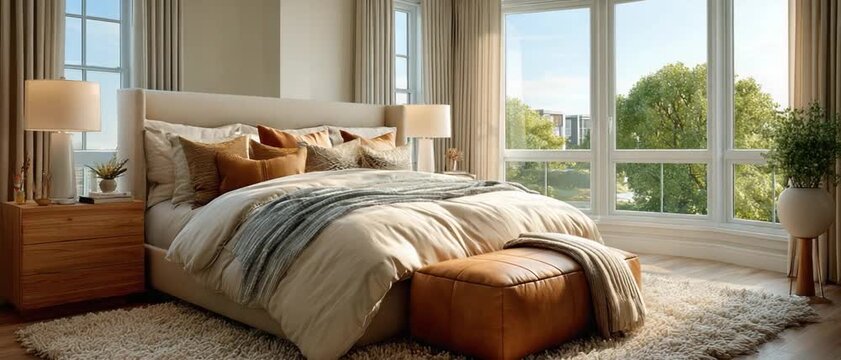 Serene Bedroom Sanctuary: A beautifully appointed bedroom bathed in natural light, showcasing a luxurious bed, inviting textures, and a calming ambiance.