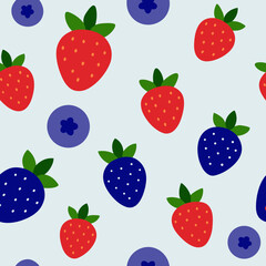 Seamless pattern of whimsical strawberries and blueberries on a light blue background