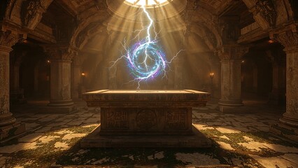 Altar in the old temple with sparkling circle of lightning above it, forming a portal, fantasy art background