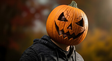 Person in jack-o'-lantern mask with fierce expression, standing in autumn haze, Halloween costume concept