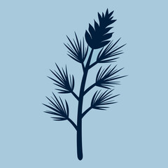 Dark blue evergreen branch silhouette against a soft blue background