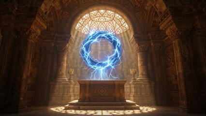 Altar in the old temple with sparkling circle of lightning above it, forming a portal, fantasy art background