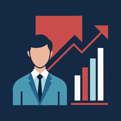 Business professional standing beside upward trending financial growth chart and arrow