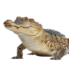 Fototapeta premium Caiman resting and looking calmly at the camera while displaying its patterned skin during a sunny day outdoors