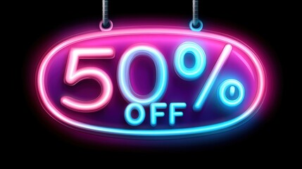 A vibrant neon sign displaying 50% OFF captures attention with its striking colors and modern design, ideal for promotions, advertising campaigns, or online sales to signify discounts and deals,