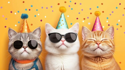 Three stylish cats wearing party hats and sunglasses pose against a bright yellow background sprinkled with confetti, This image can be used for fun party invitations, social media posts