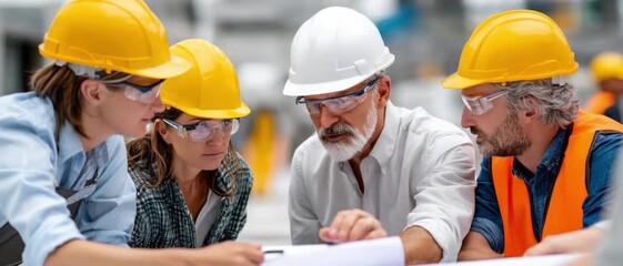 Construction Team at Work: A group of construction professionals meticulously review blueprints on-site, their collective focus and expertise forming the backbone of a successful project. 
