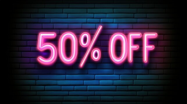 Bright neon sign displaying 50% OFF on a textured wall, ideal for promoting sales, discounts, or special offers in retail settings, e-commerce platforms, or marketing materials,