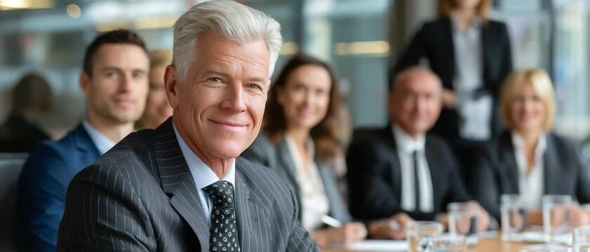 Leading the Boardroom: An experienced professional exudes confidence at the head of a boardroom table, his poised demeanor reflecting decades of industry expertise. Surrounding him.