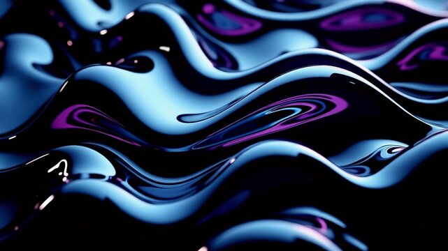 Glossy abstract liquid-metal waves in deep blue and purple, reflecting light to evoke surreal motion, depth, and a futuristic synthetic aesthetic.