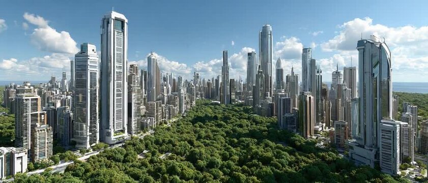 City Skyline with Park Vista: A sprawling metropolis unfolds, showcasing towering skyscrapers and lush green parks under a bright blue sky, the heart of urban and nature