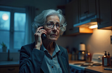 Elderly woman on phone looks worried at home in dim light. Hears bad news, possibly voice scam. Senior citizen feels stress, anxiety from digital fraud threat. Old lady victim of cyber deception,