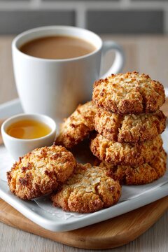 Preparaci&oacute;n de galletas ANZAC con un mont&oacute;n de masa listo para hornear y una taza de caf&eacute; al lado