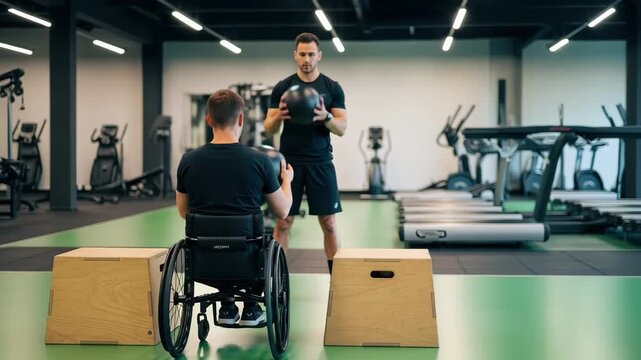 Adaptive athlete trains with coach in modern gym, demonstrating strength and determination 4k high quality footage