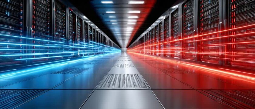 Data Highway: a striking visual of a modern data center, bathed in vibrant red and blue hues. The image suggests rapid data transfer and cutting-edge technology.
