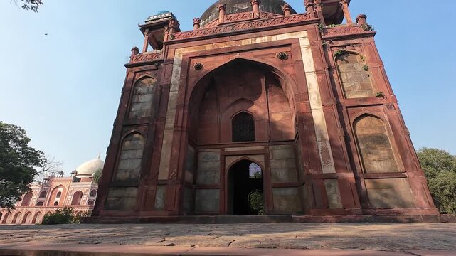 Imposing Exterior View of the Barber's Tomb (Nai ka Gumbad), a Significant Red Sandstone Structure Located Within the UNESCO World Heritage Site of Humayun's Tomb Complex in Nizamuddin, New Delhi.