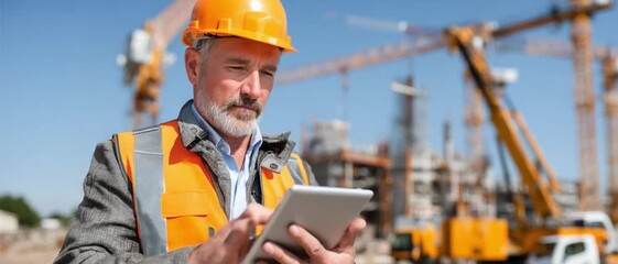 Construction Foreman Inspecting Digital Tablet: A seasoned construction foreman, equipped with a hard hat and safety vest, meticulously reviews data on a digital tablet at an active construction site. - Powered by Adobe