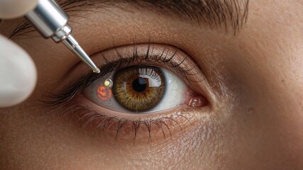 Anesthetic drops in the eye of a latina lady during laser vision correction procedure, close view background