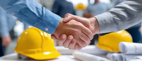 Construction Agreement: Two hands clasp in a firm handshake against the backdrop of an active construction site, symbolizing the culmination of a successful business deal or partnership.