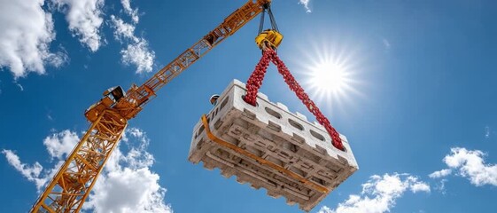 Industrial Precision: A construction crane, reaching towards a sunlit sky, carefully maneuvers a heavy load, representing the dynamism and precision of industrial processes.