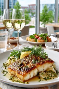 Delicioso filete de barramundi con piel dorada y vidriosa servida en un elegante restaurante