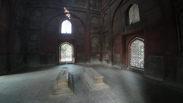 Perspective view of the intricate Mughal-era monument design and Persian-style symmetry at the Humayun's Tomb complex.