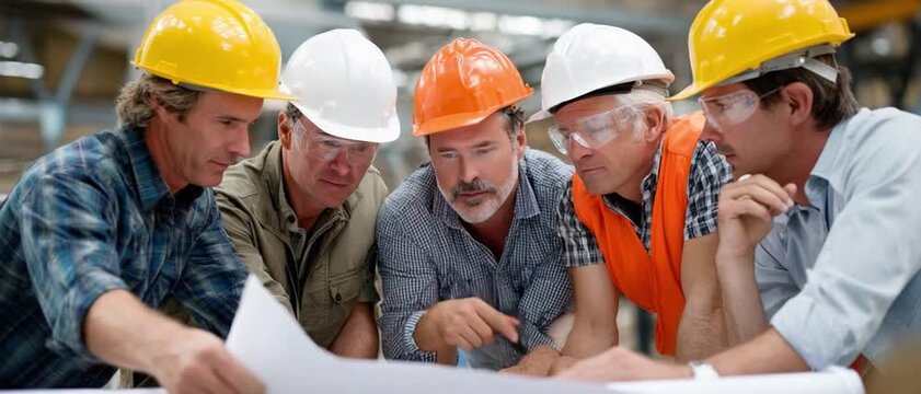 Construction Collaboration: A team of construction workers wearing hard hats huddle over blueprints, deep in discussion. They represent collaboration, expertise, and commitment to building the future.