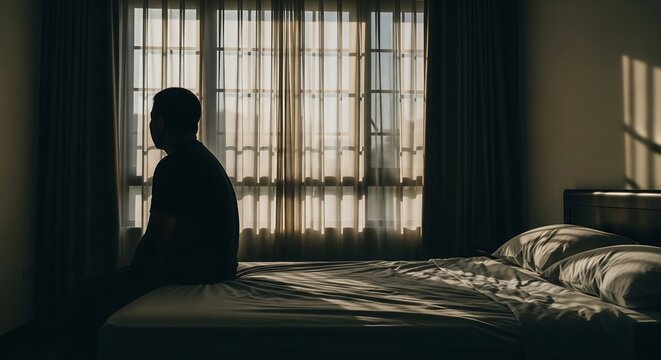 Contemplative man sitting thoughtfully on bed looking out window, ideal for mental health campaigns and introspective stories of struggle and resilience