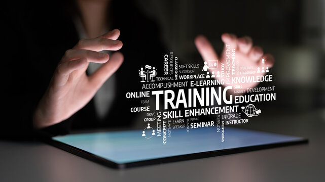 Visual representation of training and educational themes on a digital tablet, emphasizing concepts of skill enhancement, knowledge growth, and online learning opportunities. Tessel