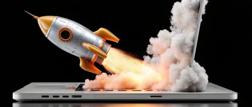 Innovation Launch: A conceptual image illustrating a laptop as a launchpad for innovation. A rocket blasts off from the computer, symbolizing the powerful force of ideas and technological advancement.