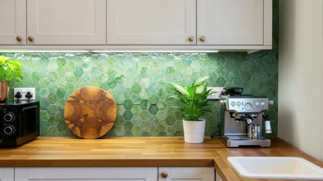 Modern kitchen counter with espresso machine, microwave, plants, and honeycomb tile backsplash 4k high quality footage