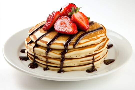 A stack of fluffy pancakes topped with fresh strawberries and drizzled with rich chocolate syrup, perfect for breakfast menus, dessert recipes, or food-related content,