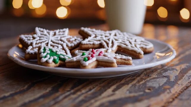 Festive gingerbread cookies and milk with holiday bokeh lights on rustic table