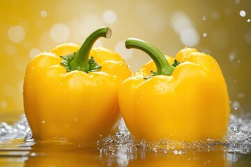 Vibrant yellow bell peppers sit atop a splash of water against a bright backdrop, symbolizing freshness and health, Perfect for culinary blogs, recipe books, or nutrition-related content,