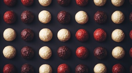 A top-down view of assorted chocolate truffles in vibrant colors arranged in a neat grid, This image is ideal for use in dessert recipes, candy promotions, or gourmet gift packaging,