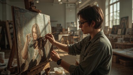 Art restorer gently cleaning an old oil painting in a restoration studio