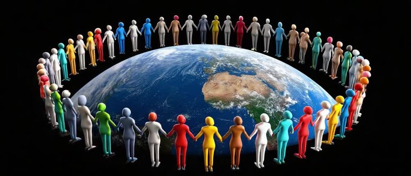 Global Unity: A vibrant visual representation of global unity, showcasing diverse individuals from around the world holding hands, forming a circle around the Earth, symbolizing harmony.