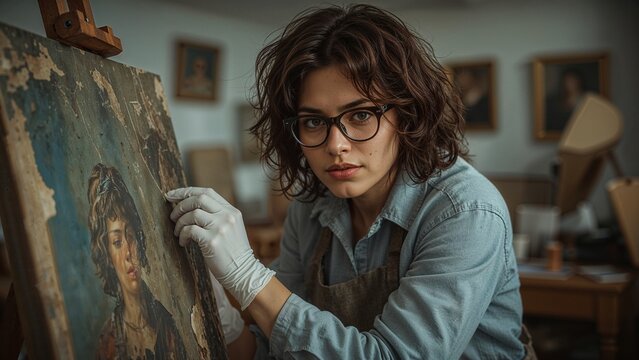 Art restorer gently cleaning an old oil painting in a restoration studio - Powered by Adobe
