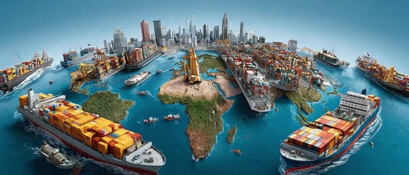 Global Trade at Your Fingertips: A dynamic illustration encapsulates the essence of global trade, showcasing container ships navigating the world's oceans.