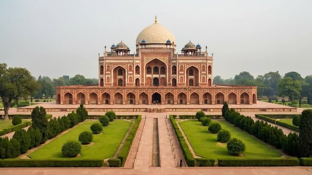 Tranquil Panorama of Humayun's Tomb in Delhi with Green Gardens in a Seamless Video Sequence