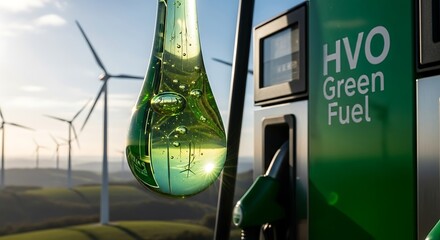 Green Fuel Concept HVO Drop with Wind Turbines with Sustainable Energy.