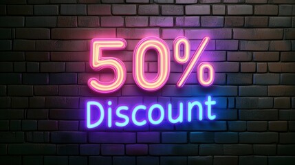 Bright neon sign displaying a 50% discount on a textured brick wall, ideal for promotional materials, advertisements, or online stores looking to attract customers with visual sales messages,