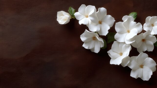 Elegant white flowers arranged on dark background showcasing delicate petals and vibrant foliage, perfect for nature-inspired projects and floral compositions. - Powered by Adobe