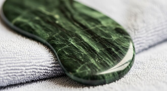 Green Jade Gua Sha Tool on Towel with Skincare Beauty Spa Treatment Relaxation Closeup.