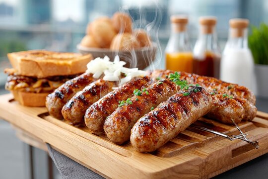 Disfrutar de salchichas reci&eacute;n asadas con cebolla en una bandeja caliente