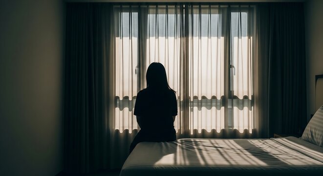 Introspective woman sitting on bed in soft light of morning, lost in thought, creating a serene, thoughtful mood ideal for wellness and mental health projects