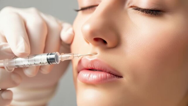 Professional aesthetician enhances lips with precise dermal filler injection for fuller, natural beauty 4k high quality footage
