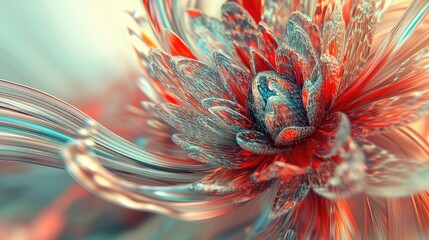 Abstract Macro View of a Crystalline Red and Teal Flower with Flowing Metallic Petals