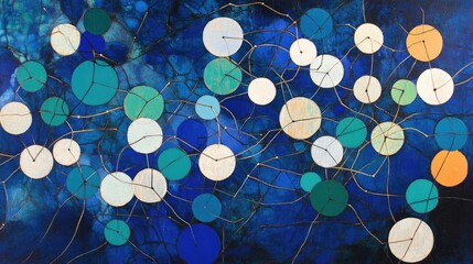 Abstract Network of Circles on Deep Blue Textured Background, Connected by Golden Lines